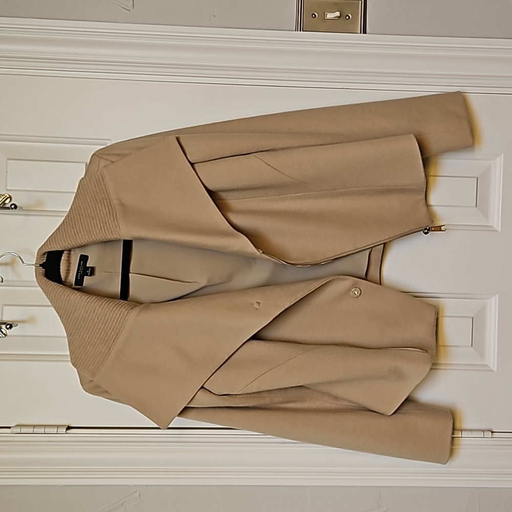 Ann Taylor Asymmetrical Zip Wool Blend Moto Jacket, sz 6, tan - Picture 5 of 6